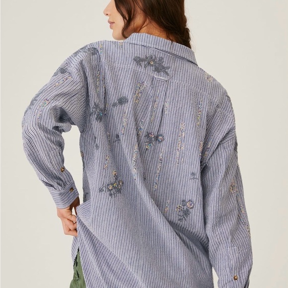 Anthropologie Pilcro Blue Striped Floral Button Down Shirt - Picture 2 of 6